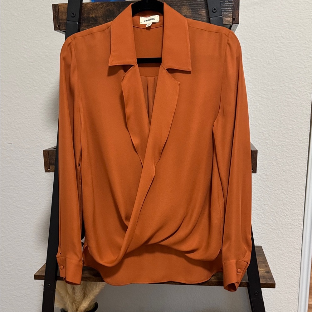 L'AGENCE Rust-Orange Draped Collar Silk Blouse - pristine condition